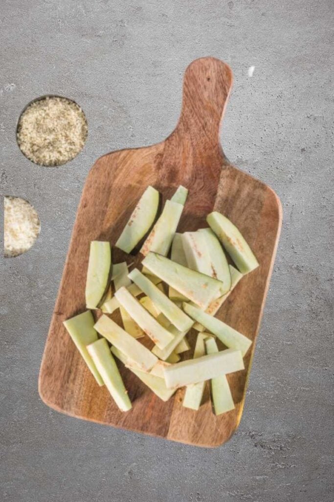 eggplant fries cut in similar sized sticks for making eggplant fries