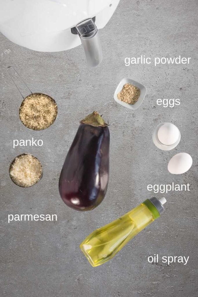 An overhead ingredient shot of ingredients required for making eggplant fries in the air fryer