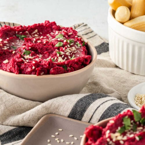 Lemon Beet Hummus served with crisp breads