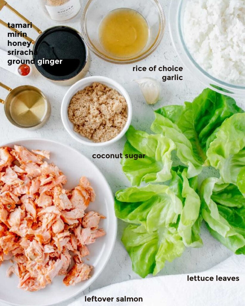 Labelled ingredient shot including salmon, lettuce cups, cooked rice and sauces