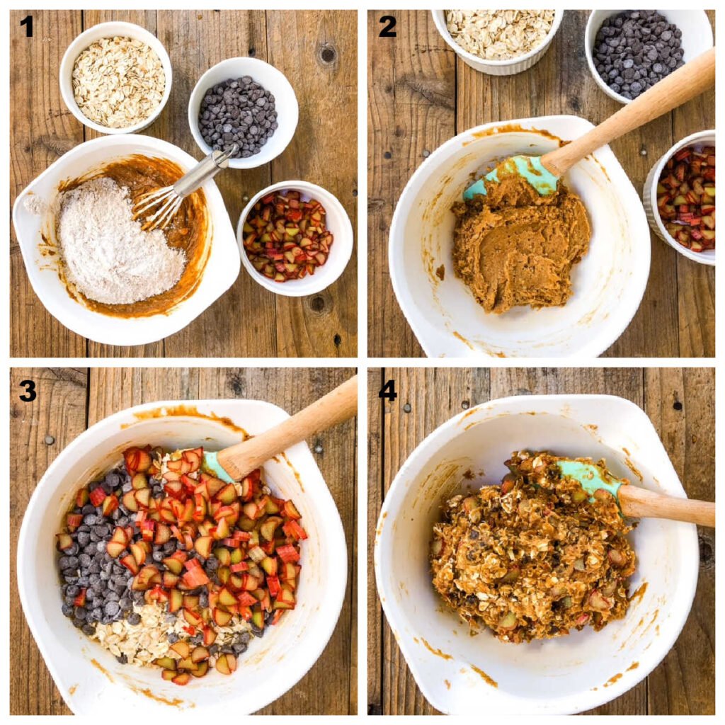 A collage of the process for making healthy oatmeal cookies with chocolate and rhubarb