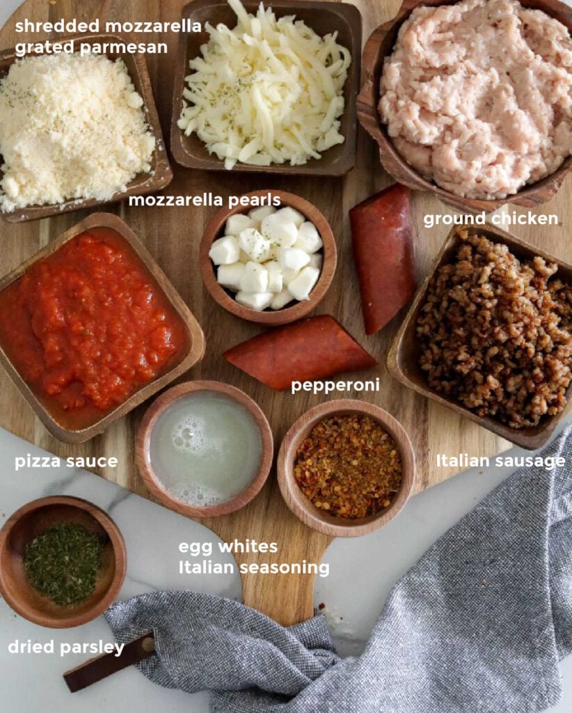 Overhead shot of all the ingredients required for a homemade low carb pizza