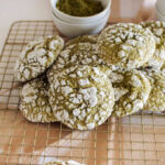 matcha cookies cooling on a wire cooling rack
