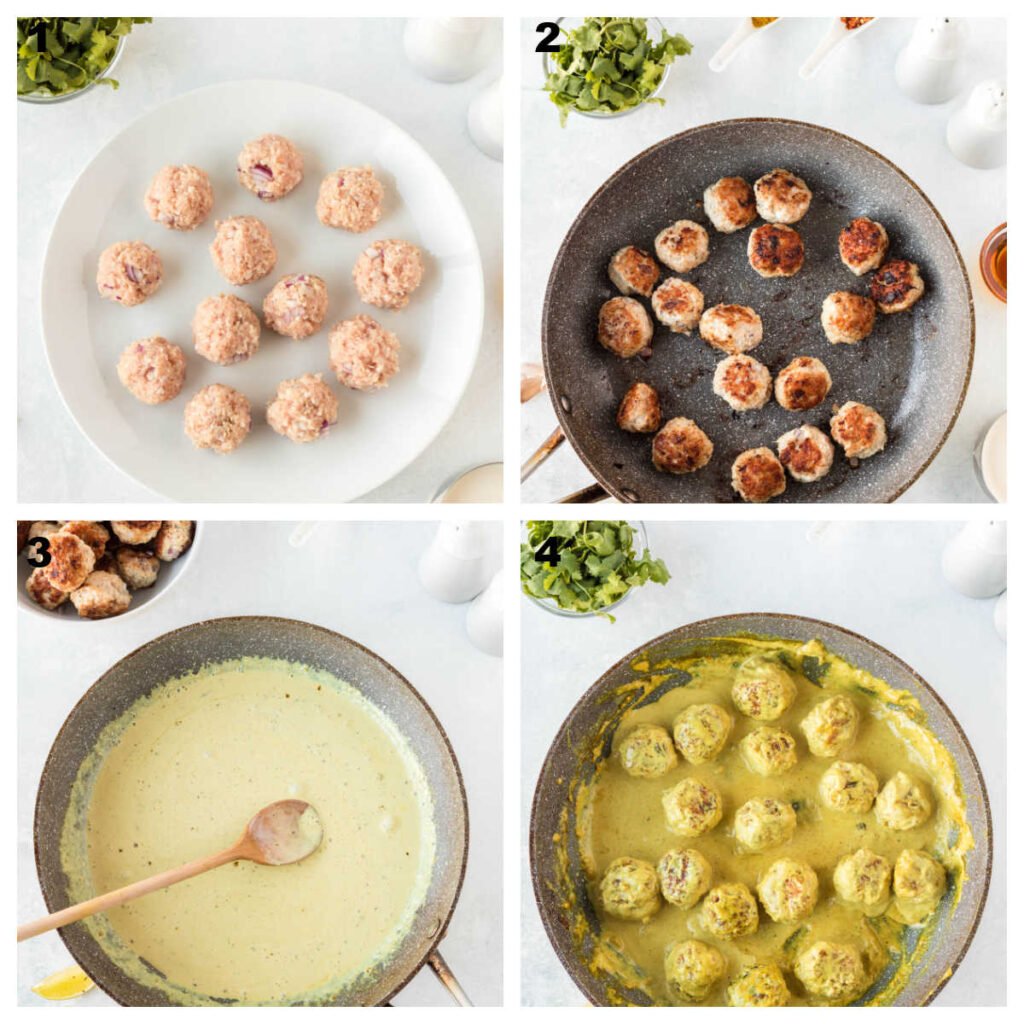 Collage of process steps for making turkey meatballs with curry sauce