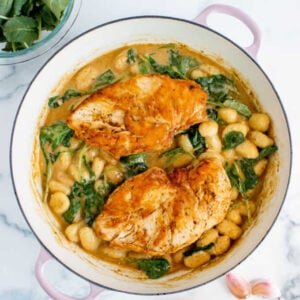 Overhead shot of chicken and gnocchi in a large pot