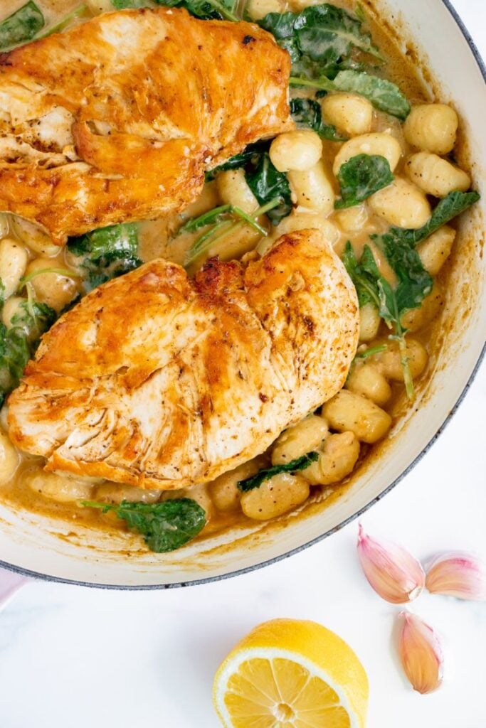 Overhead shot of lemon garlic chicken and gnocchi