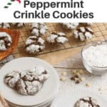 peppermint and chocolate cookies loaded onto a white serving plate with extra cookies on a cooling rack in the background
