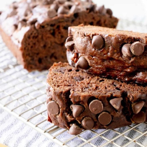 Double chocolate banana bread cooling on a wire rack