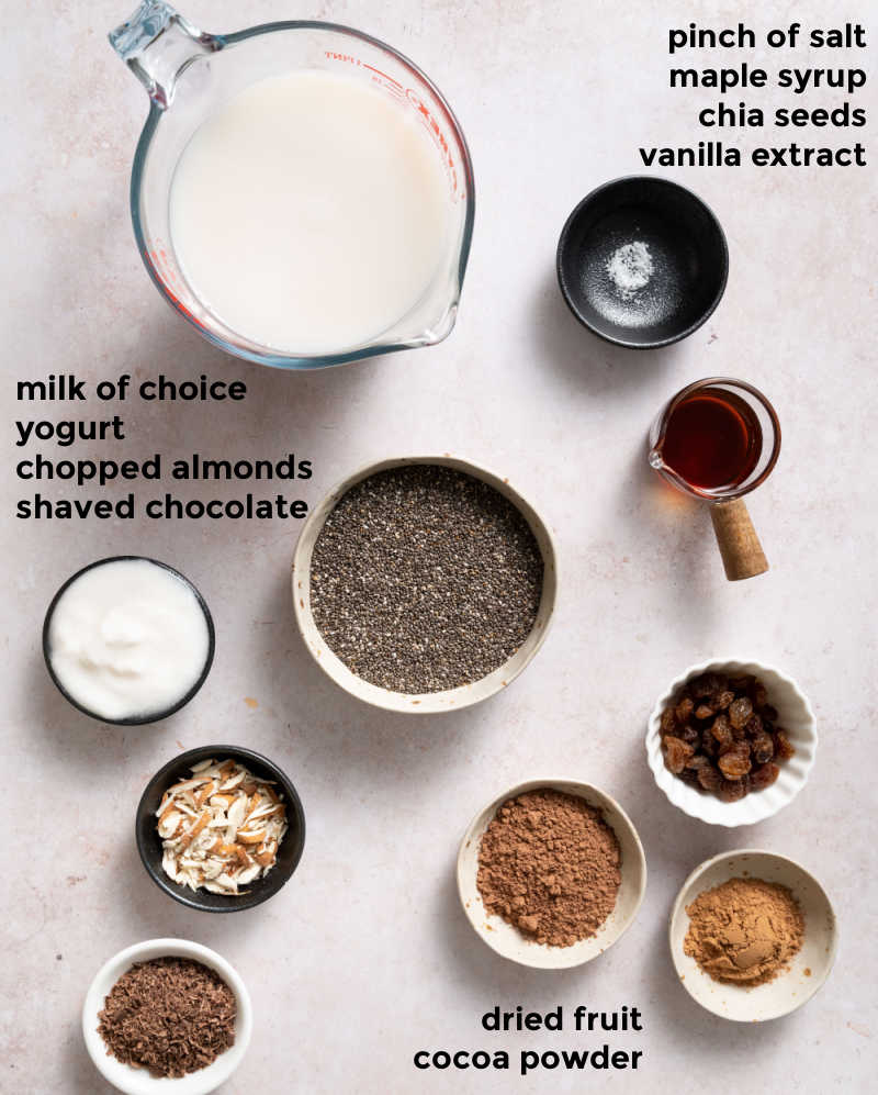 Overhead ingredient shot of ingredients required to make a chocolate chia pudding 