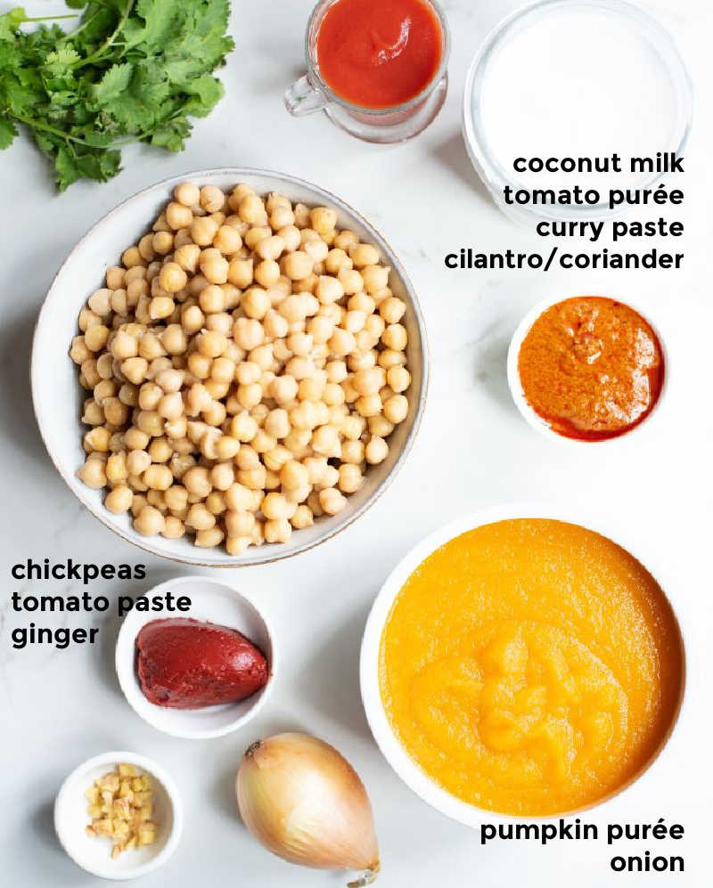 Overhead shot of all the ingredients needed to make a one pot curry with chickpeas and pumpkin
