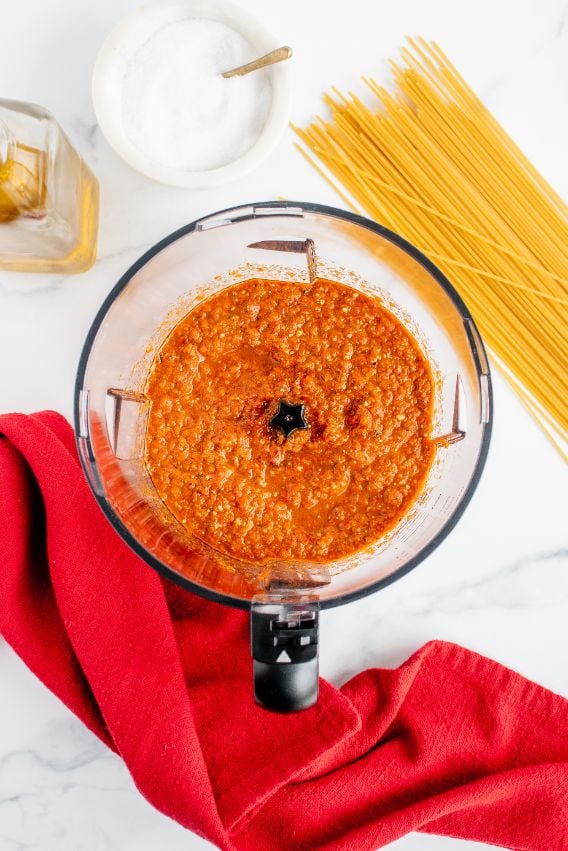 A red pepper pesto in a food processor