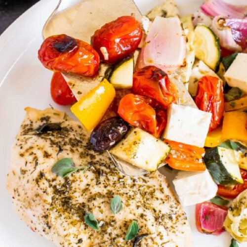Perfectly seasoned greek vegetables and chicken served on a white plate