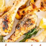 honey mustard chicken drumsticks served on a white platter with a side of green beans