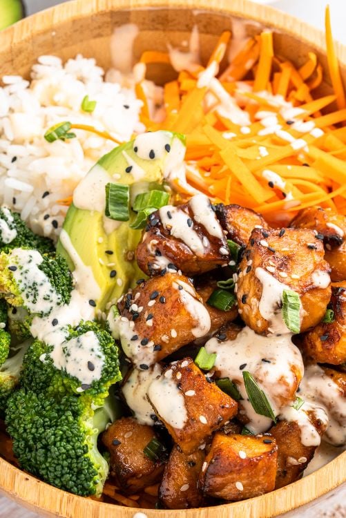 up close shot of a salmon rice bowl with veggies served in a wooden bowl