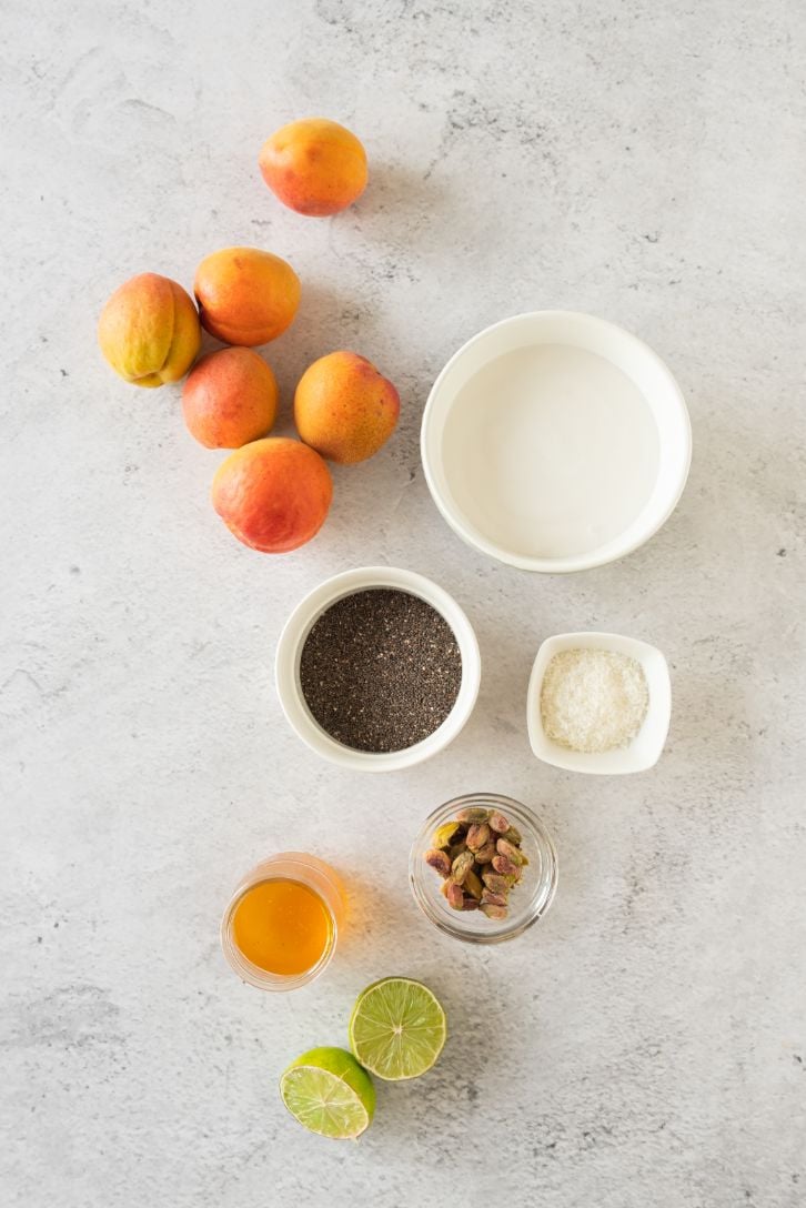 Overhead shot of ingredients required to make a simple chia pudding with apricot