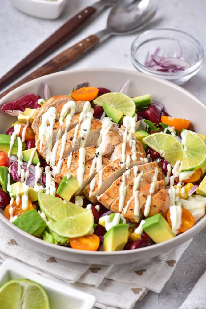 Yogurt dressing drizzled over a chicken salad