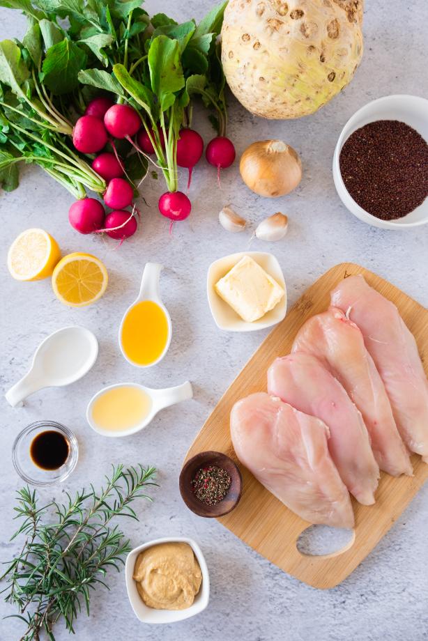 Photo of ingredients required to make a red quinoa crusted chicken breast with mustard sauce
