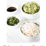 Zucchini noodles, udon noodles, soy sauce and herbs
